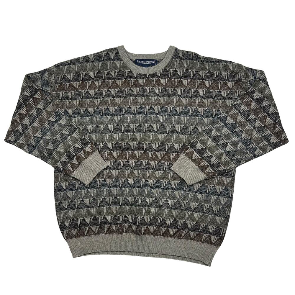 Vintage 90s 3XL Geometric Knit Sweater Gray Brown Oversized